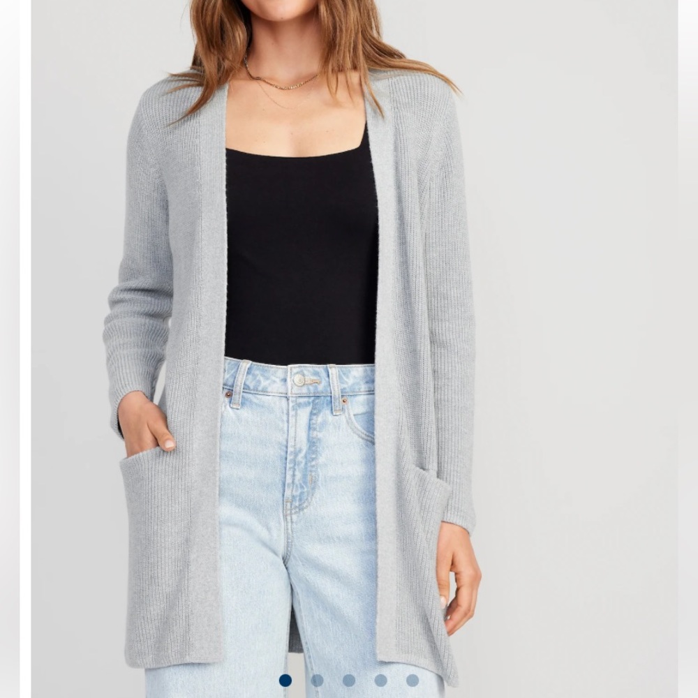 Textured Shaker Stitch Long Line Open Front Cardigan Sweater Light Gray Sz XSP